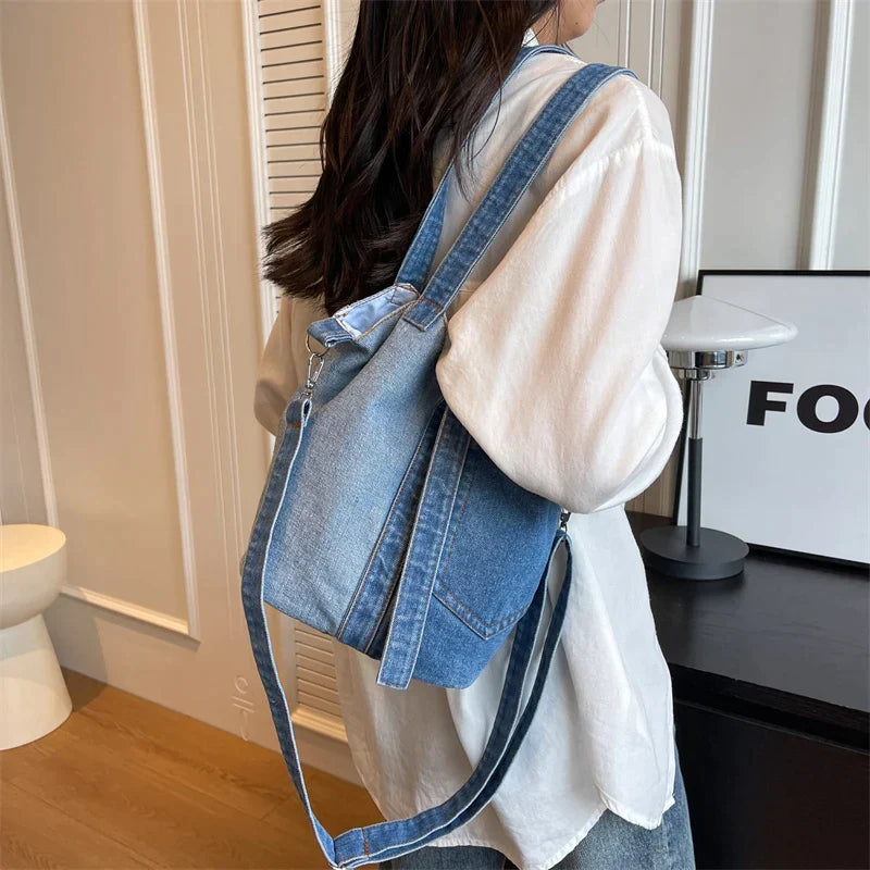 Washed Denim Fabric Shoulder Bucket Bags For Women Designer Handbags Colorblock Patchwork Crossbody Bag Large Capacity Tote