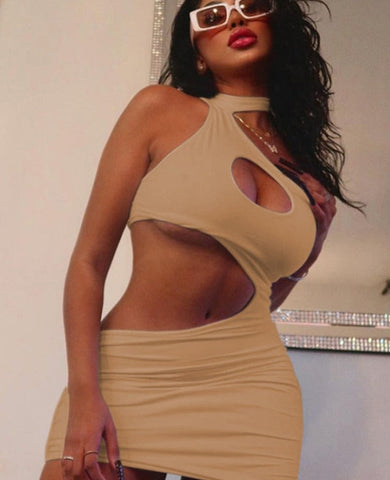Dress Women Sexy Cutout Sleeveless Diagonal Neck Dress Summer New Female Solid Color Midnight Glamorous Party Dress
