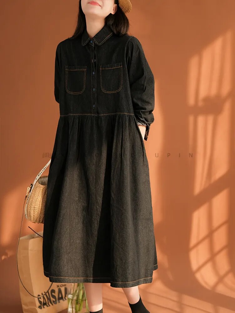 Autumn New Loose Retro Casual Commuter Outwear Mid Length Cotton Denim Large Pocket Solid Elegant Long Sleeve Dress