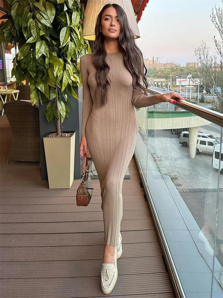 Fashion Knit Ribbed Maxi Dress Ladies High Waist Long Sleeve Patchwork Elegant Slim Party Dress Autumn Knitwear Dress