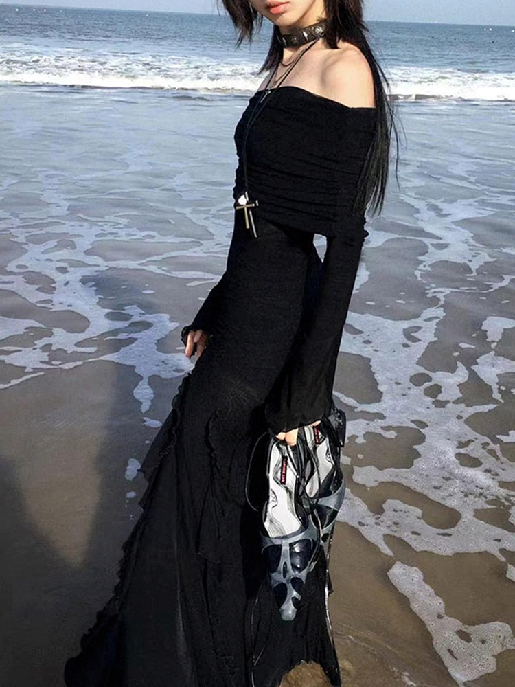 Elegant Fashion Dark Ruffles Split Long Dress Gothic Slash Neck Long Sleeve Maxi Dresses For Women Holiday Beach