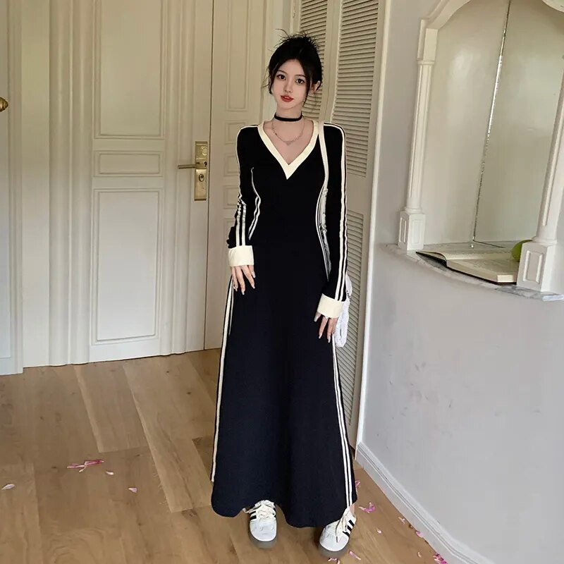 French Striped V-neck Long-sleeved Dress Women Fall Clothes Vintage Robe Casual Loose Dresses Korean Fashion Vestidos De Fiesta