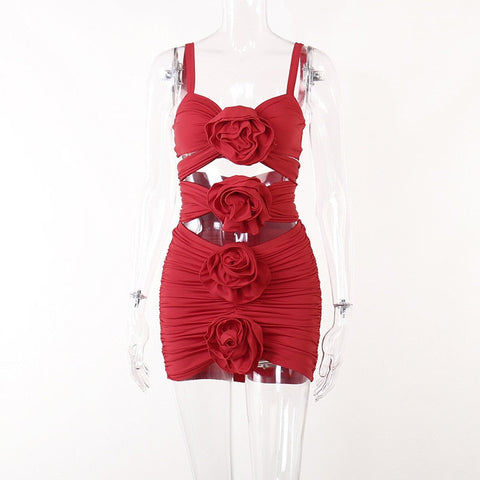 Elegant Flower Hollow Out Ruched Mini Dress For Women Robe Summer New Spaghetti Strap Backless Skinny Party Dress