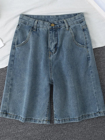 Summer Women High Waist Blue Wide Leg Denim Shorts Casual Female Solid Streetwear Stright Jeans Bermuda Shorts