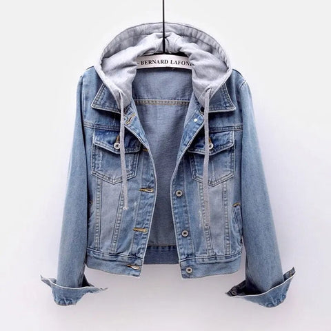 Blue Denim Coat Women Hooded Turn-down Collar Denim Jacket Women Slim Button Jacket Patchwork Outwear Jean Coat Female