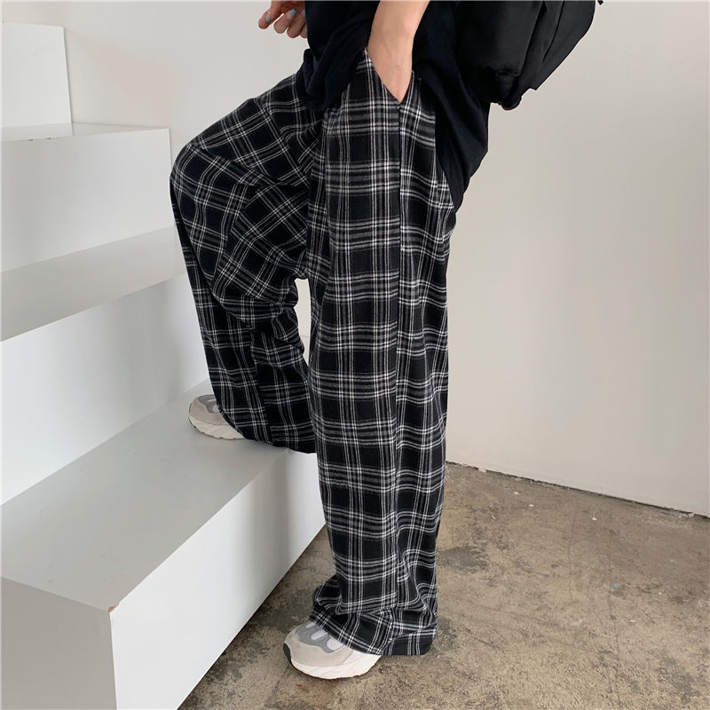 Black and Pink Plaid Pants Oversize Women Pants High Waist Loose Wide Leg Trousers Ins Retro Teens Straight Trousers Streetwear