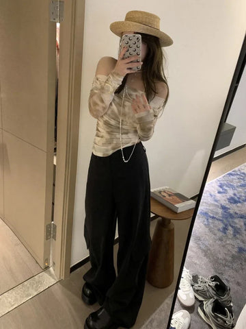 Harajuku Vintage Tie Dye Tee Shirt Summer Sexy Off Shoulder Ruched T-shirt Mujer Y2k Kpop Slim Fit Mesh Irregular Tops Women