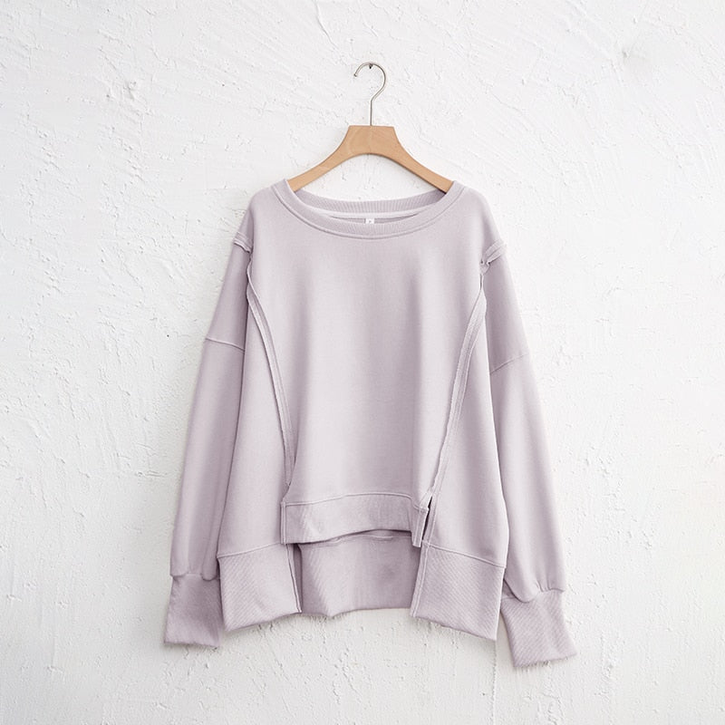 Oversized 100% Cotton Women Sweatshirts Long Sleeve Patchwork Open Side Streetwear Harajuku Pullovers Autumn Clothes For Women