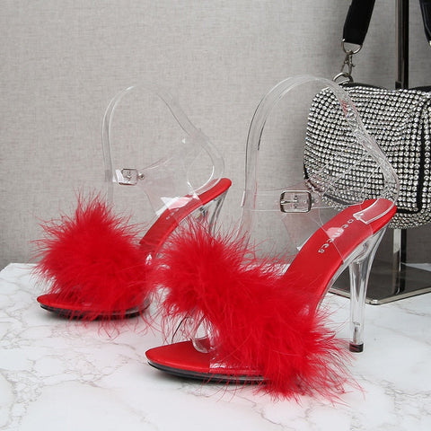 Feather Sandals Women Furry High Heels Ankle Plush Sandals Woman Transparent Heels With Fur Stripper Heeled Sandal Women Evening