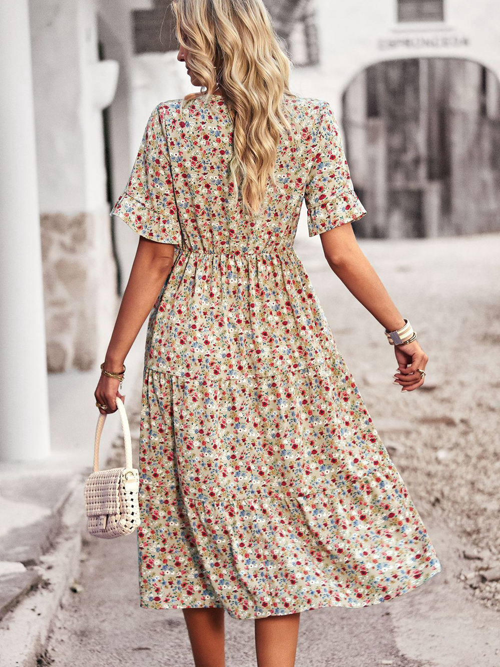 M Fashion V Neck Elegant Printed Dress  Women Summer Short Sleeve High Waist A Line Floral Holiday Dresses