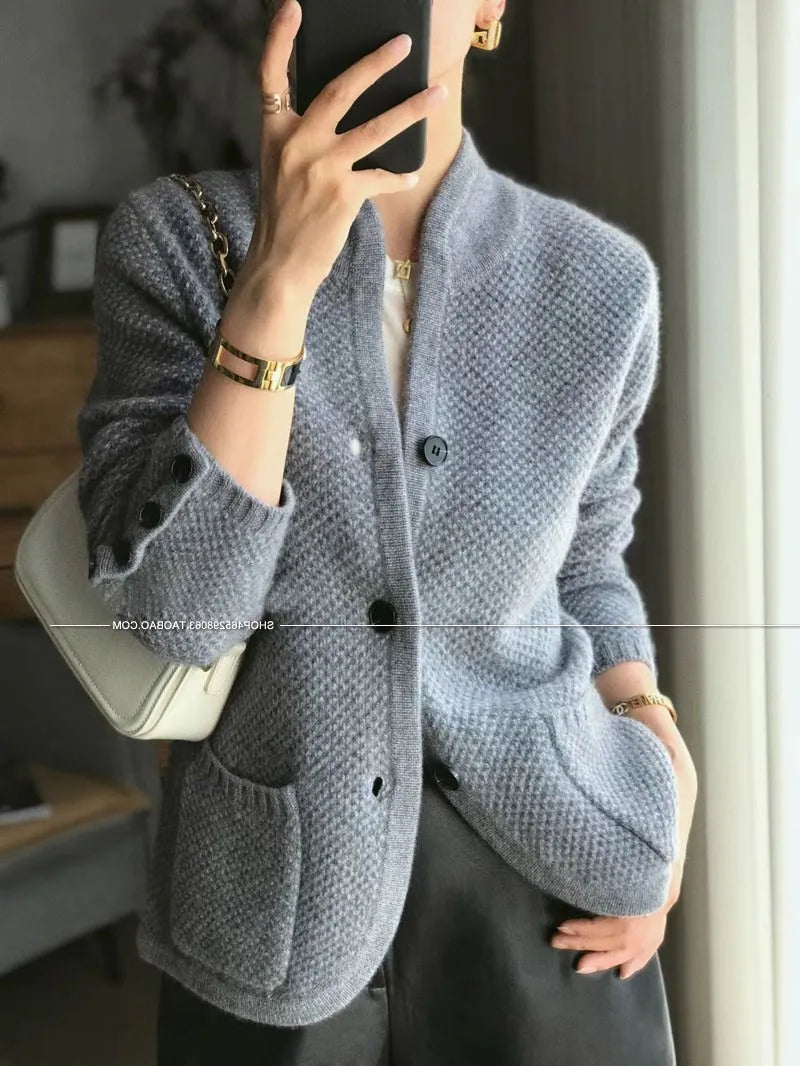 Autumn Winter New Thickened 100% Cashmere Wool Cardigan Women Stand Neck Sweater Sweater Loose Knit Base Wool Sweater Jacket