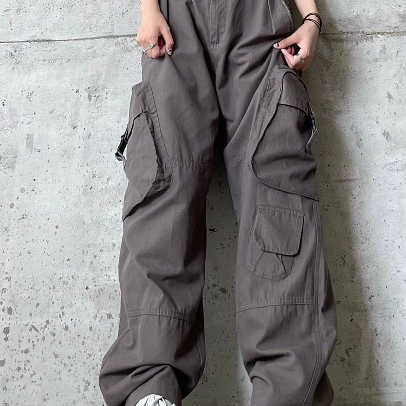 Y2K Khaki Cargo Parachute Pants Women Harajuku Korean Fashion Oversized Gray Wide Leg Trousers Female 90s Retro Tactical