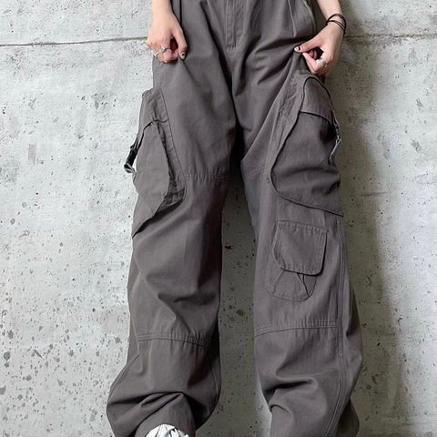 Y2K Khaki Cargo Parachute Pants Women Harajuku Korean Fashion Oversized Gray Wide Leg Trousers Female 90s Retro Tactical