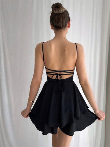 Sexy Women Suspender Strap Playsuits Fashion Square Neck Tie-up Backless Double-layer Ruffles Short Dress Jumpsuits