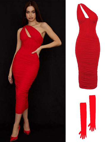 Summer Midi Mesh Dress Bodycon One Shoulder Eveining Night Party Dresse Cut Out Draped Women Birthday Dress Elegant Stretch