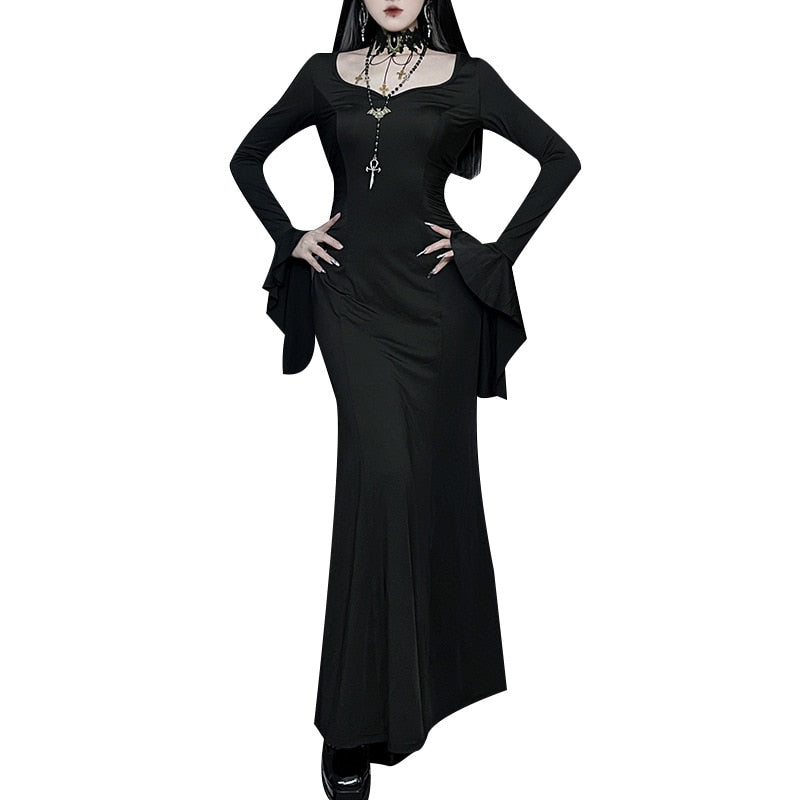 Halloween Gothic Dark Party Dress Women Aesthetic Vintage Elegant Nightclub Long Sleeve High Waist Trumpet Dress Female