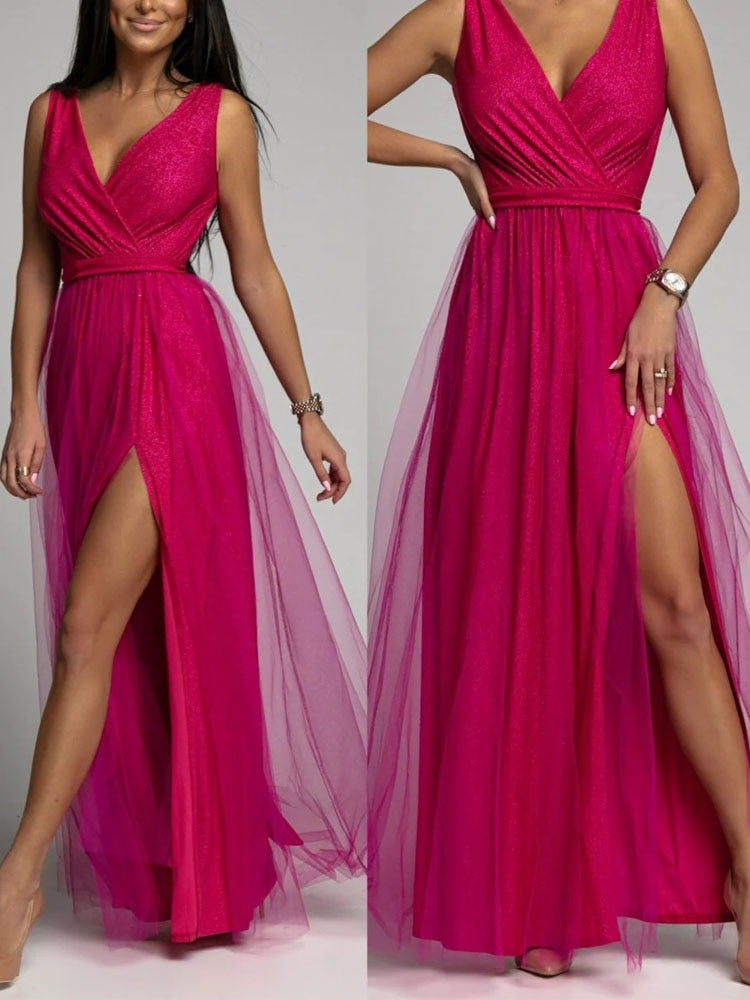 New Solid Lace Mesh Ladies Robe Dress Sexy Sleeveless Folds Maxi Birthday Dress Fashion V Neck Tunic Bandage Party Evening Dress