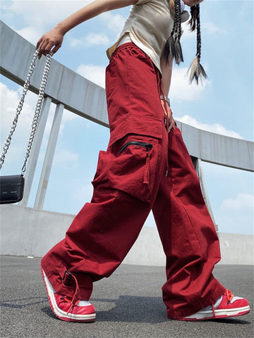 Harajuku Streetwear Red Cargo Pants Women Hip Hop Oversized High Street Y2K Pockets Wide Leg Black Jogger Trousers Female