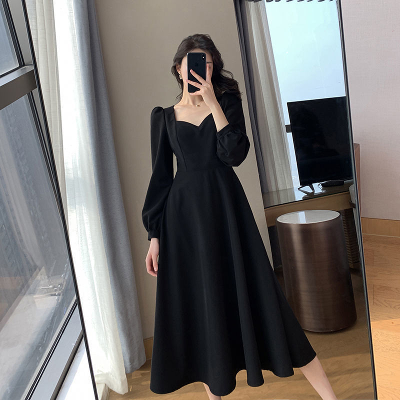 Black Dress Women's Autumn New Black Long Sleeve Dress Hepburn Style V-neck Ankle-length Retro Korean Style Long Black Dress