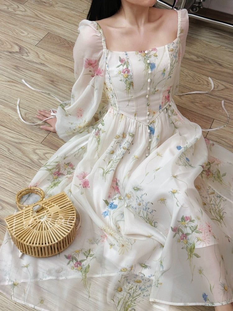 Chiffon Floral Midi Dress Office Lady Summer Elegant One Piece Dress Korean Fashion Beach Style Causal Long Sleeve Sundress