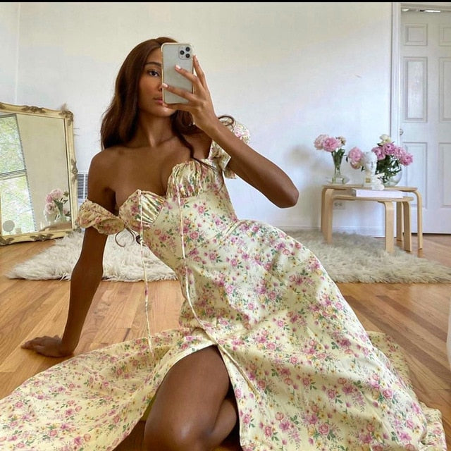 Shoulder Flower Print Sexy Dress For Women High Split Elegant Long Dresses Backless Bodycon Summer Dress Vestidos