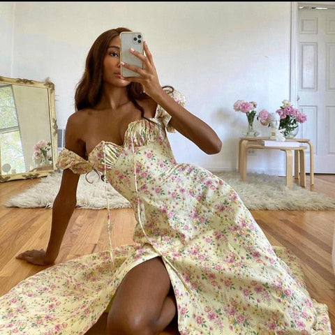 Shoulder Flower Print Sexy Dress For Women High Split Elegant Long Dresses Backless Bodycon Summer Dress Vestidos