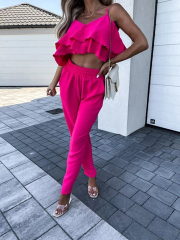 Elegant Casual Solid Two Piece Set New Women V Neck Ruffles Sling Tops+Elastic Waist Long Harem Pants Summer Fashion Chic Outfit