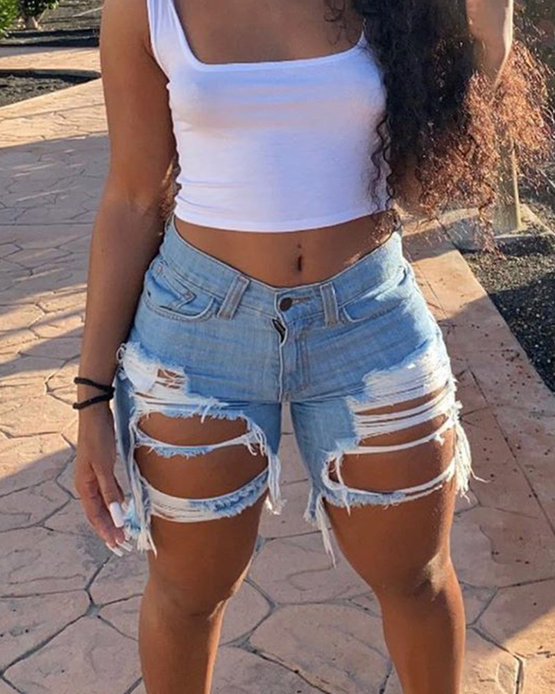 Women Summer Zipper Fly Ripped Cutout Denim Shorts Casual Short Pants Summer Streetwear Daily Shorts Women Clothes