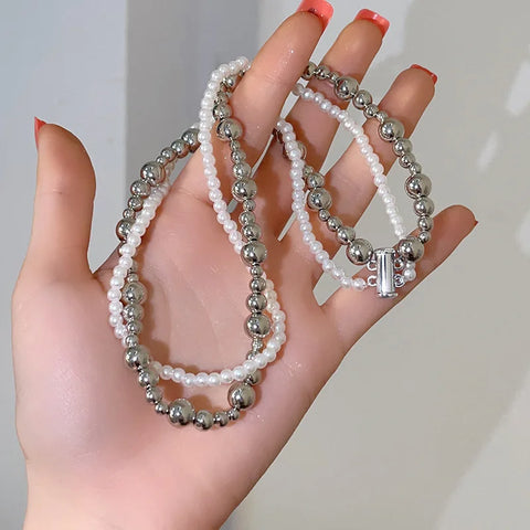 New Imitation Pearl Wrapped Necklace for Women Double Layer Magnetic Buckle Neck Chain Choker Necklace Jewelry Gift