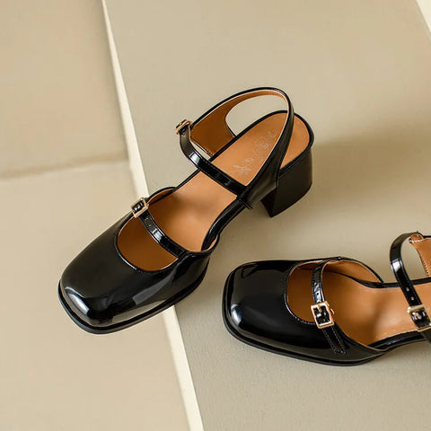 Patent Leather Mary Jane Sandals Women Block High Heels Double Buckle Shoes Woman Square Toe Big Size 44-46 Sandal Shoe