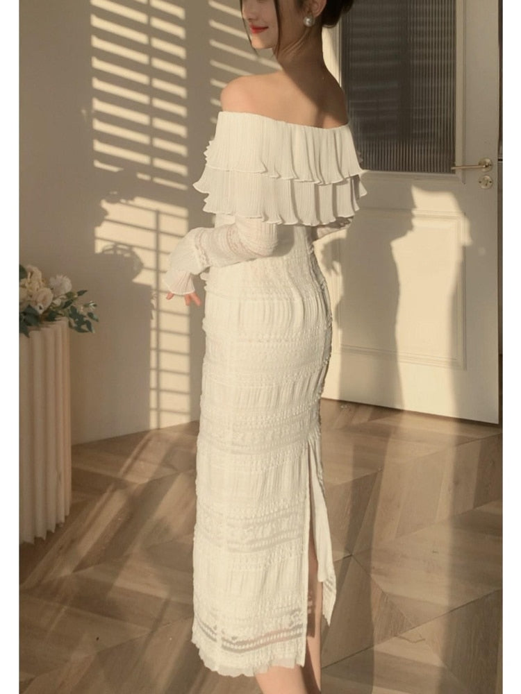 Elegant White Midi Dress Office Lady Long Sleeve Sexy Beach Party Bodycon Dress Women Chic Summer One Piece Dress Korean