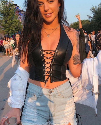 Sexy Punk Y2K Black Leather Crop Top Womens  Hollow Backless camisole Summer Vest Fashion Club Party Wear Tank Tops