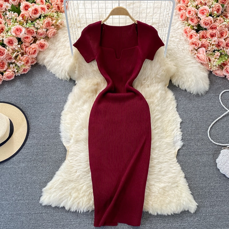 Sexy Chic Elastic Knit Bodycone Pencil Dress Solid Tight Midi Wrap Vestidos Korean Fashion Party Basic Slim Summer Women Robe