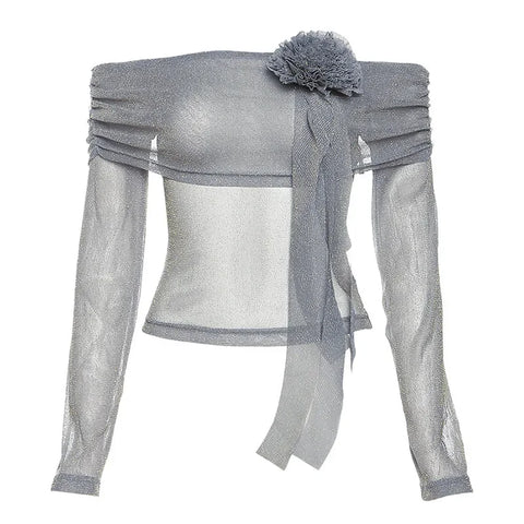 Flower Splice Mesh Shirts For Women Sexy See Through Slim Long Sleeve Crop Top Femme Club Party Fashion Shiny Shirt Lady