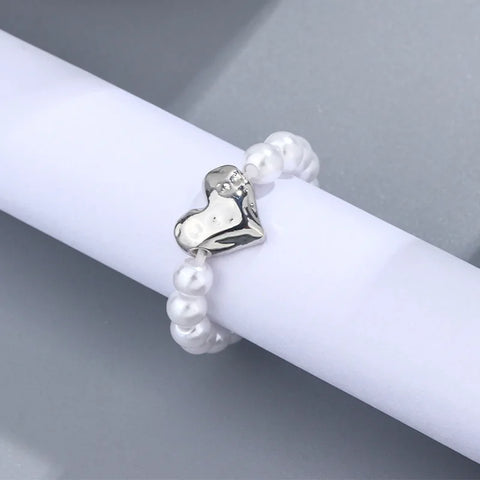 New Imitation Pearl Stretch Finger Rings for Women Girl Korean Fashion Sweet Heart Geometric Ring Jewelry Gift Party