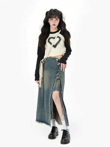 Heart Print T-shirts Women Slim Tees Y2k Female Vintage Long Sleeve Top Ladies Fashion Casual Patchwork Top Japanese Streetwear