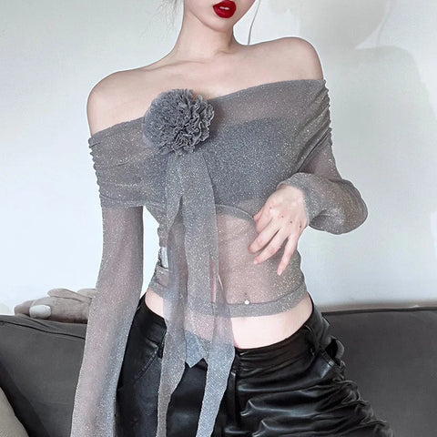 Flower Splice Mesh Shirts For Women Sexy See Through Slim Long Sleeve Crop Top Femme Club Party Fashion Shiny Shirt Lady