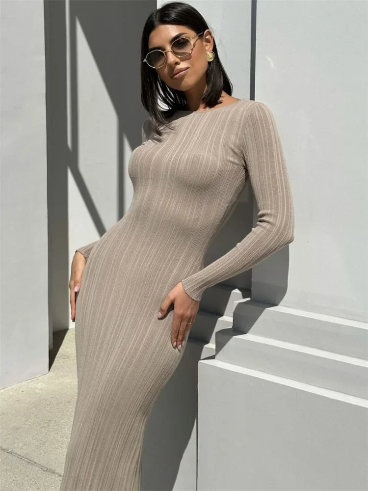 Fashion Knit Ribbed Maxi Dress Ladies High Waist Long Sleeve Patchwork Elegant Slim Party Dress Autumn Knitwear Dress