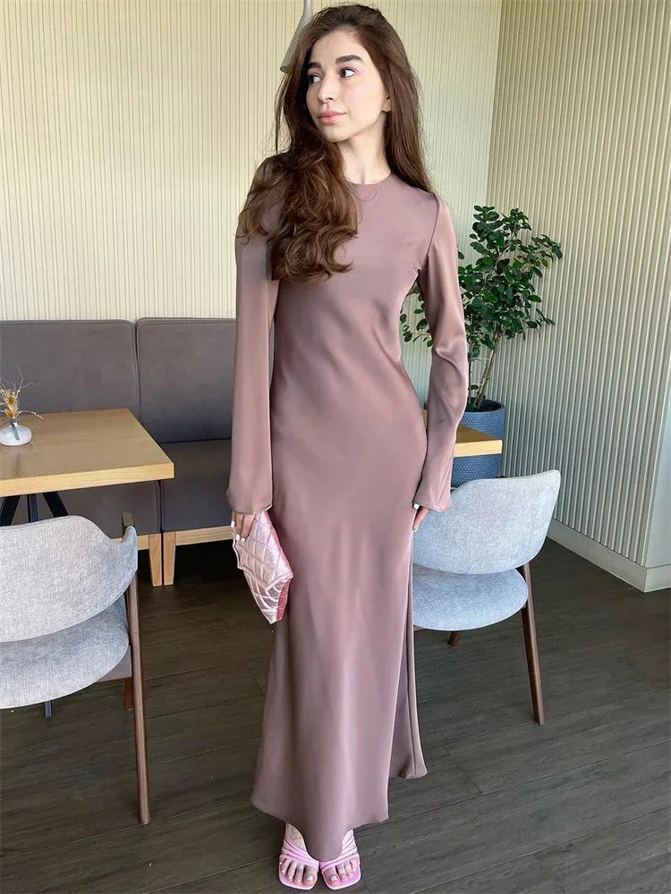 Solid High Waist Fashion Maxi Dress For Women Long Sleeve Patchwork Slim Elegant Party Dress Autumn Female Long Dress