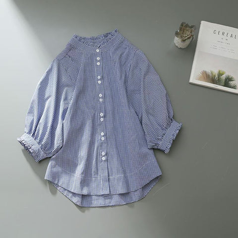Women's Clothing Spring Summer Tops Vintage French Lantern Sleeve Elegant and Youth Woman Blouses Lace Blue Plaid Shirt