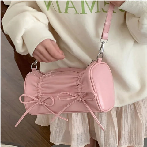 Pleated Pink Women Shoulder Bag Bow Pillow Leather Sweet Elegant Fashion Handbag Gentle Casual Exquisite Ladies Armpit Bag