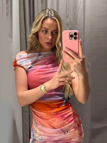 Chic Printed Tulle Mini Dress For Women Sexy Skinny Slash Neck Sleeveless Pleated Dresses Summer Lady Party Club Vestidos