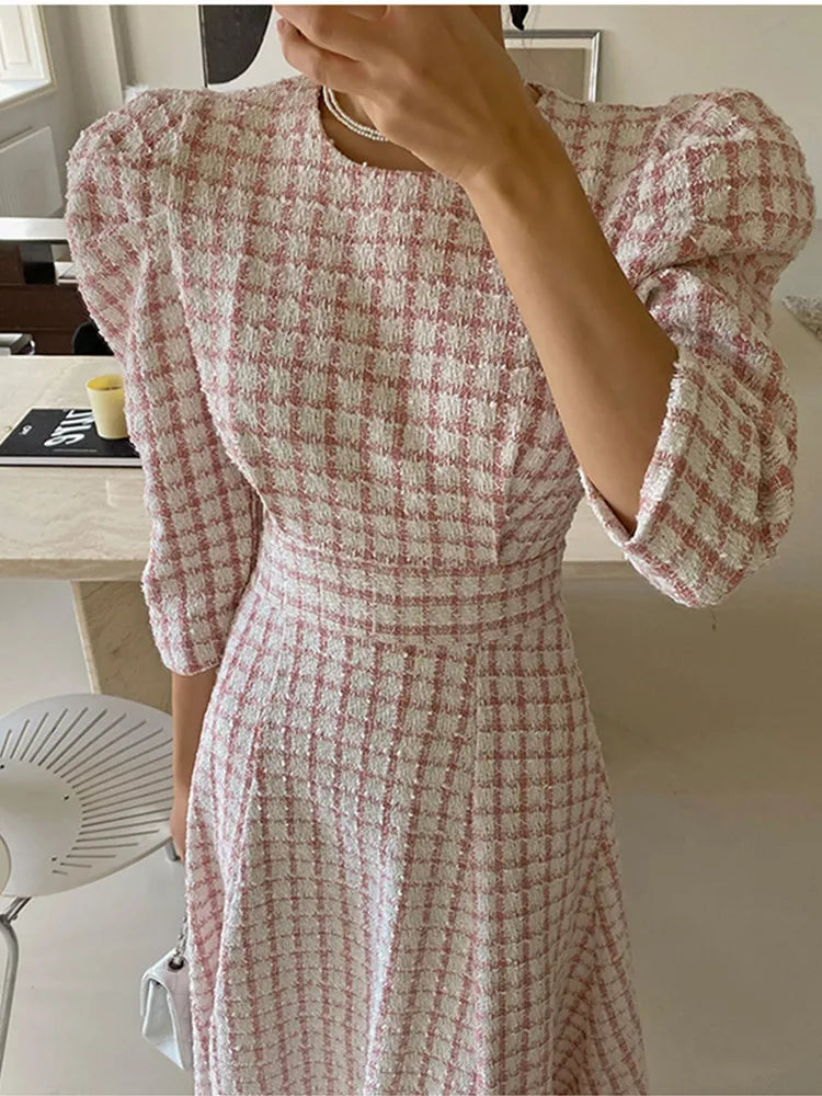 Korean Chic French Style New Spring Summer Tweed Dress For Women Celebrity Pink Plaid Woolen Dresses Vestidos