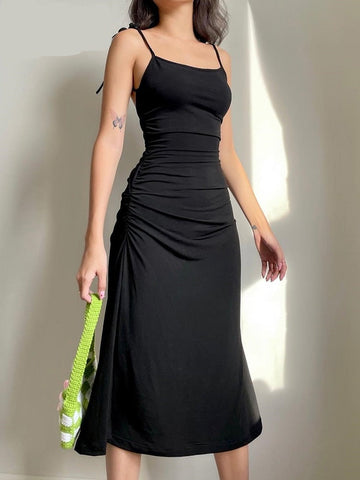 Fashion Strappy Ruched Sexy Black Dress Irregular Elegant Backless Long Dress Party Summer Dresses Women Clothes