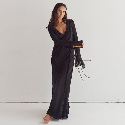 Elegant Black Sheer Beach Dress Women Sexy Flare Sleeve Mesh Tassel Bodycon Summer Dress Night Party Long Dress Cover-Ups