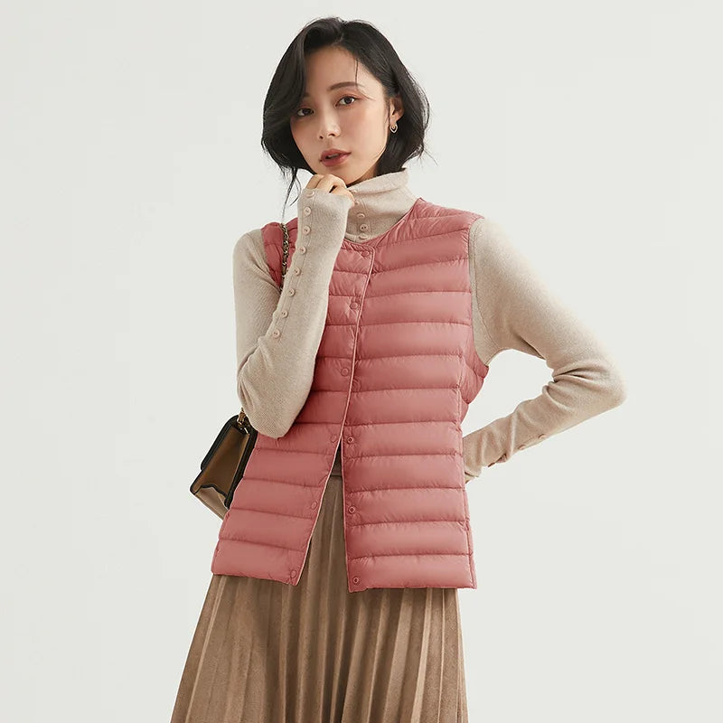 Winter Light Thin Down Short Vest Jacket Women 90% White Duck Down Warm Sleeveless Coat Single Slim Underwaist Outwear