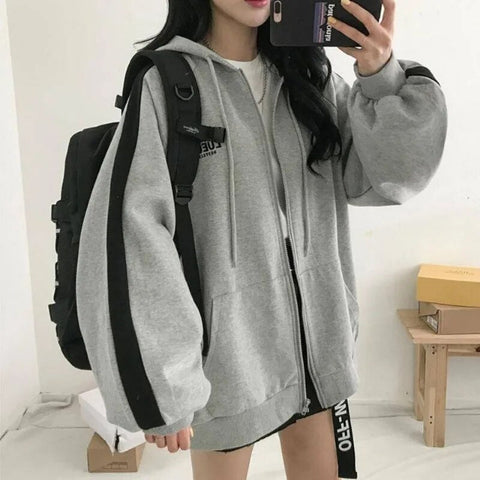 Korean Style Zip Hoodie Women Autumn Harajuku Loose Long Sleeve Patchwork Oversized Hoodie Casual School Clothes