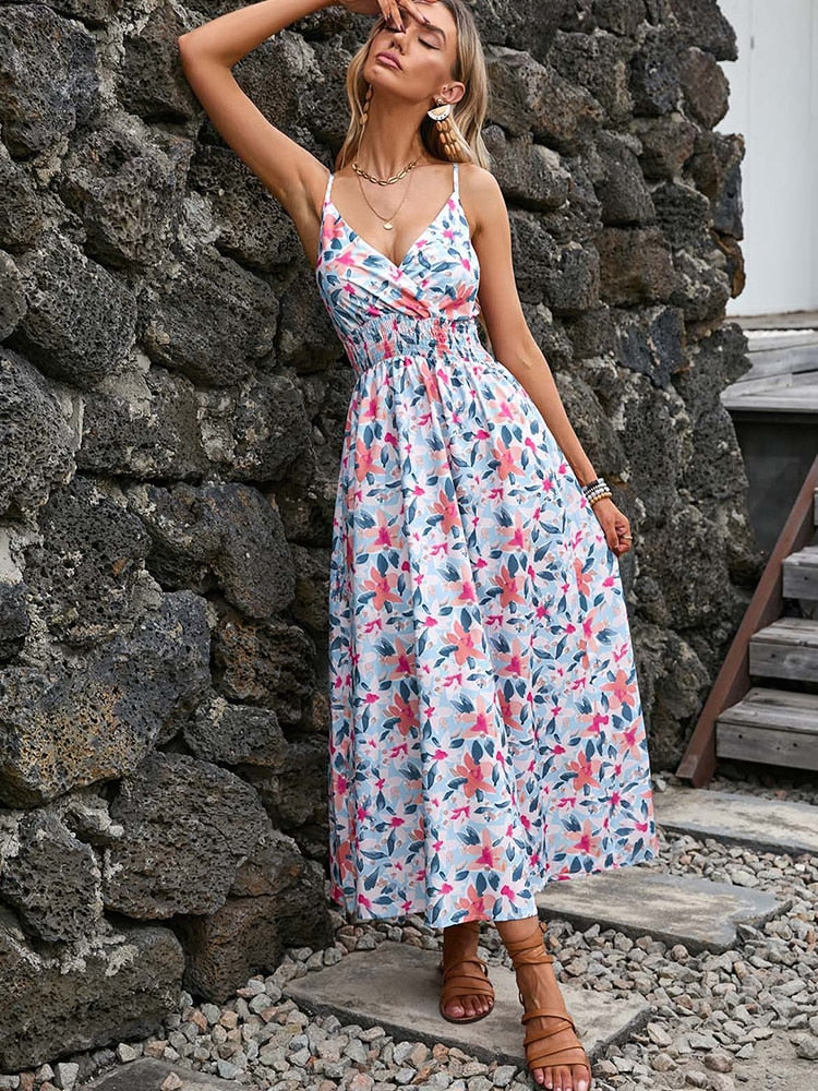 Sexy Floral Long Dress Women Summer Casual Backless White Holiday Beach Dress Fashion A-line Sleeveless New In Dresses