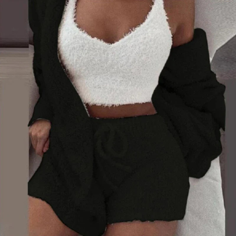 Women's Comfortable Knit Pajama Set Crop-top with V-neck Winter Plush Loungewear Casual 3-Piece Set Long Sleeve Shorts Sports