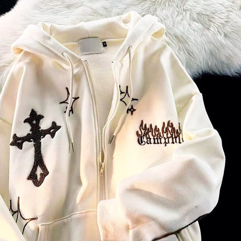 Women Letter Embroidery Hoodies Autumn Winter Vintage Zipper Long Sleeve Oversized Jacket Coat Harajuku Casual Hooded Sweatshirt